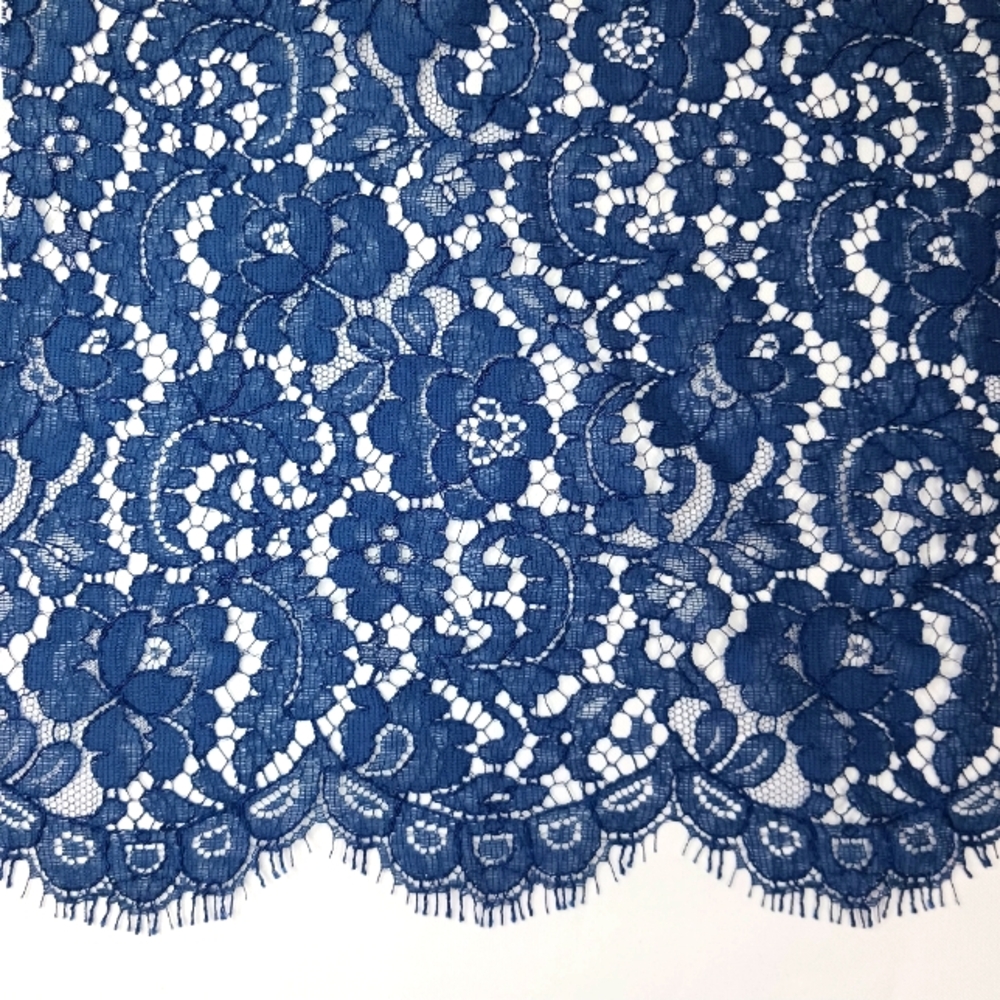 Scalloped Navy Blue Floral Lace Fabric.